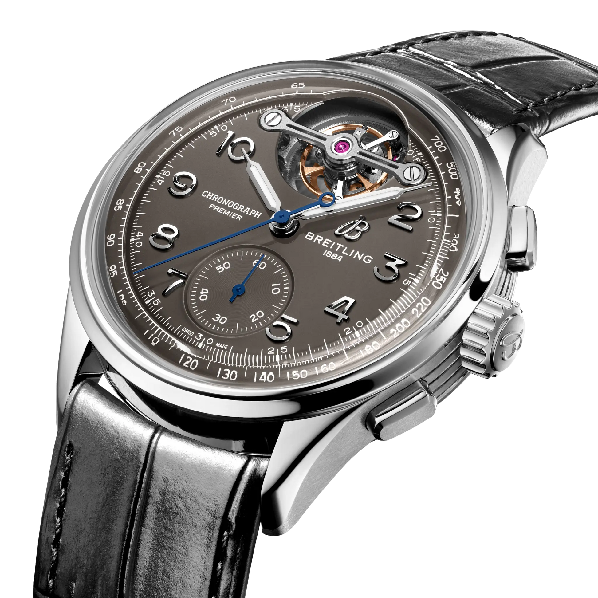 Breitling Premier B21 Chronograph Tourbillon 42 Gaston Breitling reference JB2120A61B1P1 with Anthracite dial, 18k white gold case, alligator strap, three-quarter view