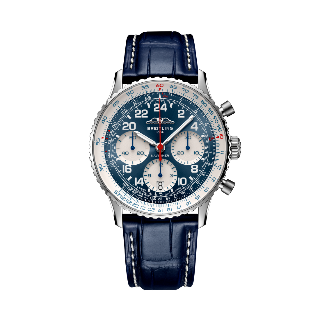 Breitling Navitimer B02 Chronograph 41 Cosmonaute Scott Carpenter Centenary reference LB0240211C1P1 with Blue dial, Platinum case, alligator strap, front view