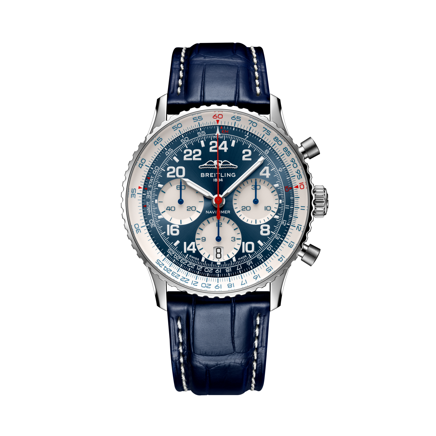 Breitling Navitimer B02 Chronograph 41 Cosmonaute Scott Carpenter Centenary reference LB0240211C1P1 with Blue dial, Platinum case, alligator strap, front view