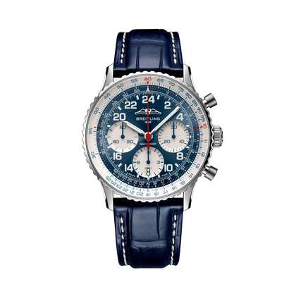 Breitling Navitimer B02 Chronograph 41 Cosmonaute Scott Carpenter Centenary reference LB0240211C1P1 with Blue dial, Platinum case, alligator strap, front view
