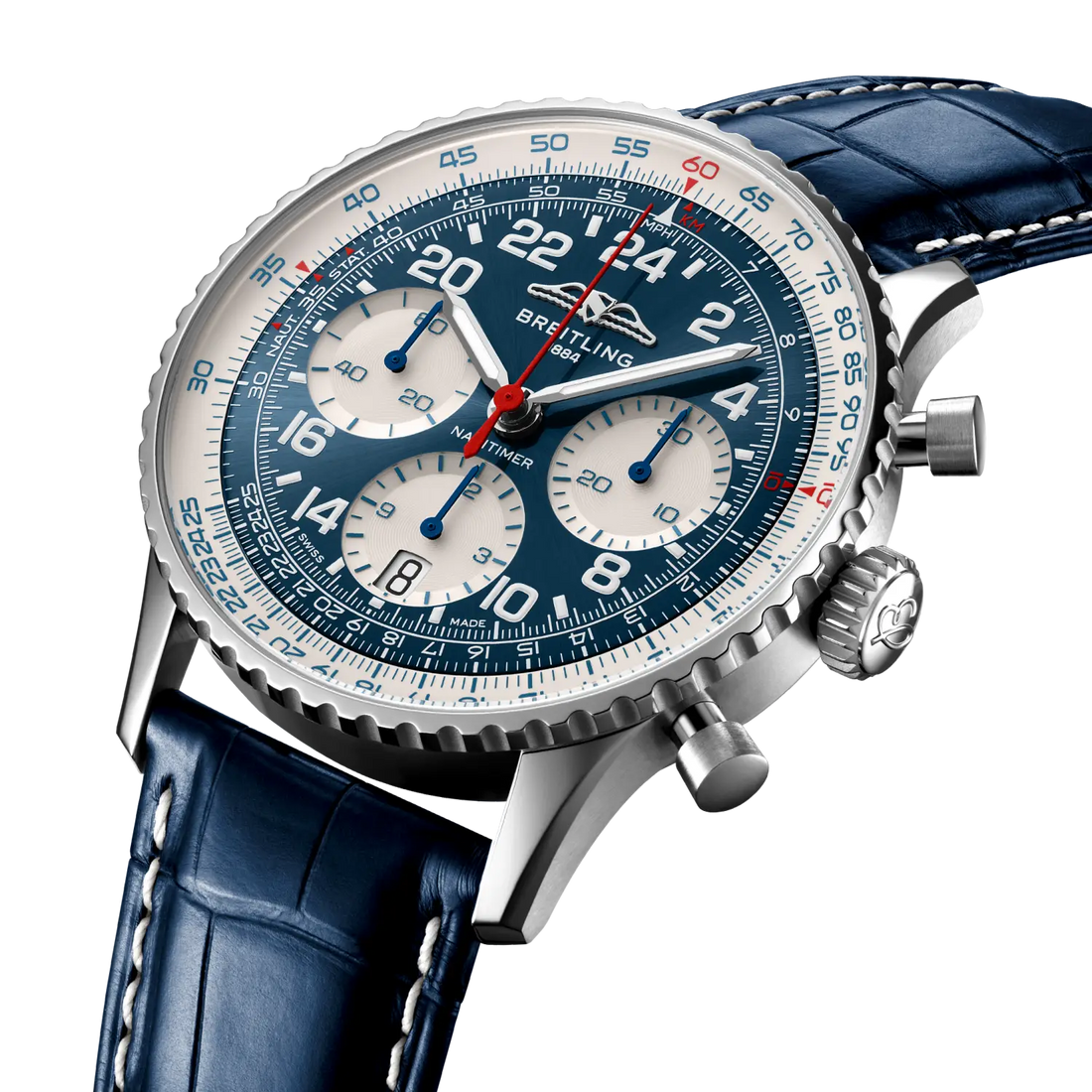 Breitling Navitimer B02 Chronograph 41 Cosmonaute Scott Carpenter Centenary reference LB0240211C1P1 with Blue dial, Platinum case, alligator strap, three-quarter view