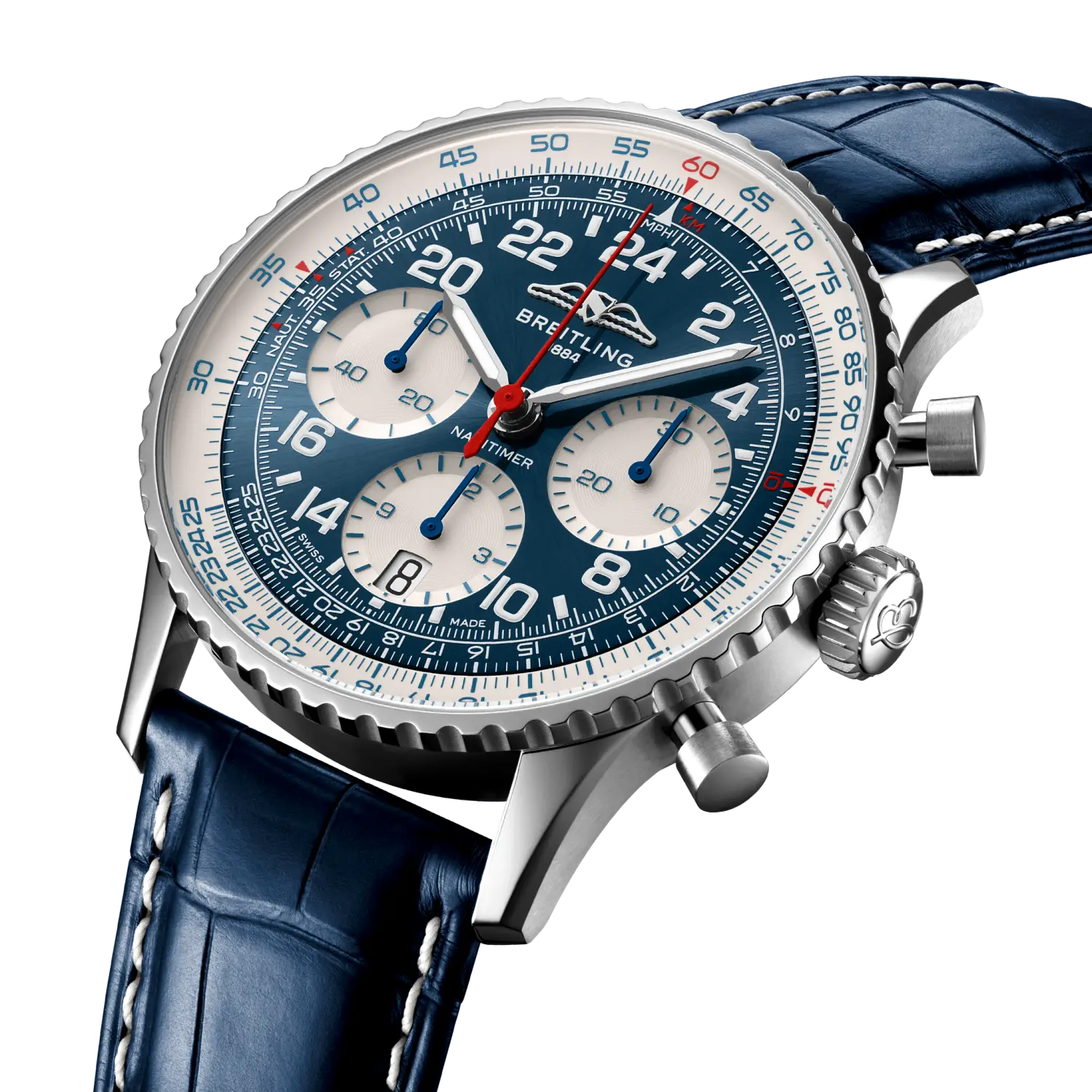 Breitling Navitimer B02 Chronograph 41 Cosmonaute Scott Carpenter Centenary reference LB0240211C1P1 with Blue dial, Platinum case, alligator strap, three-quarter view