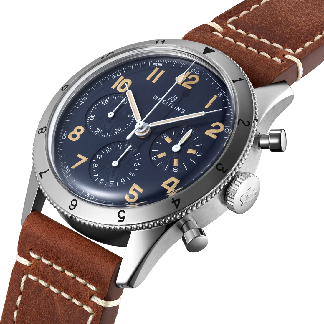 Breitling AVI 1953 Edition reference LB0920131C1X1 with Blue dial, Platinum case, calfskin strap, three-quarter view
