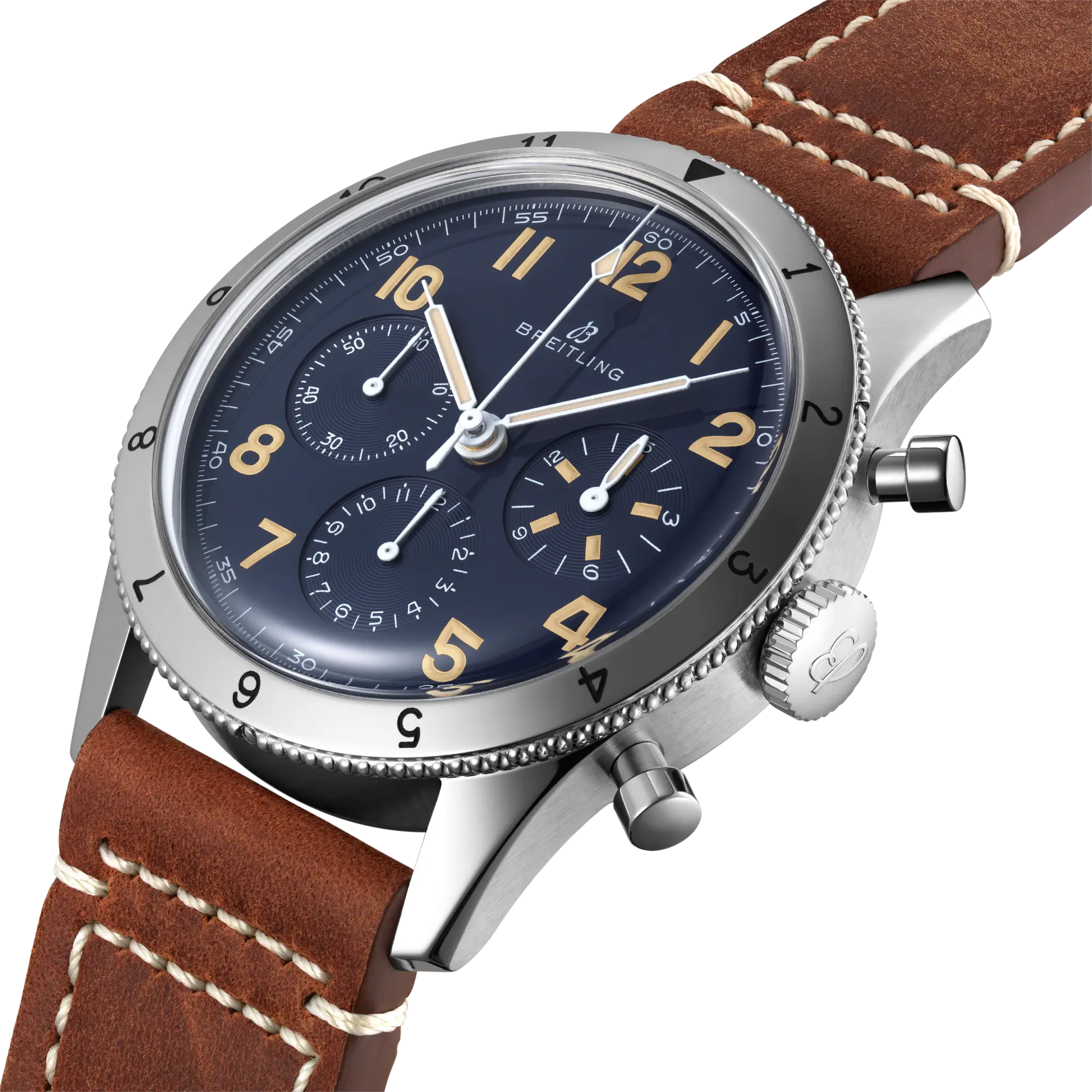 Breitling AVI 1953 Edition reference LB0920131C1X1 with Blue dial, Platinum case, calfskin strap, three-quarter view