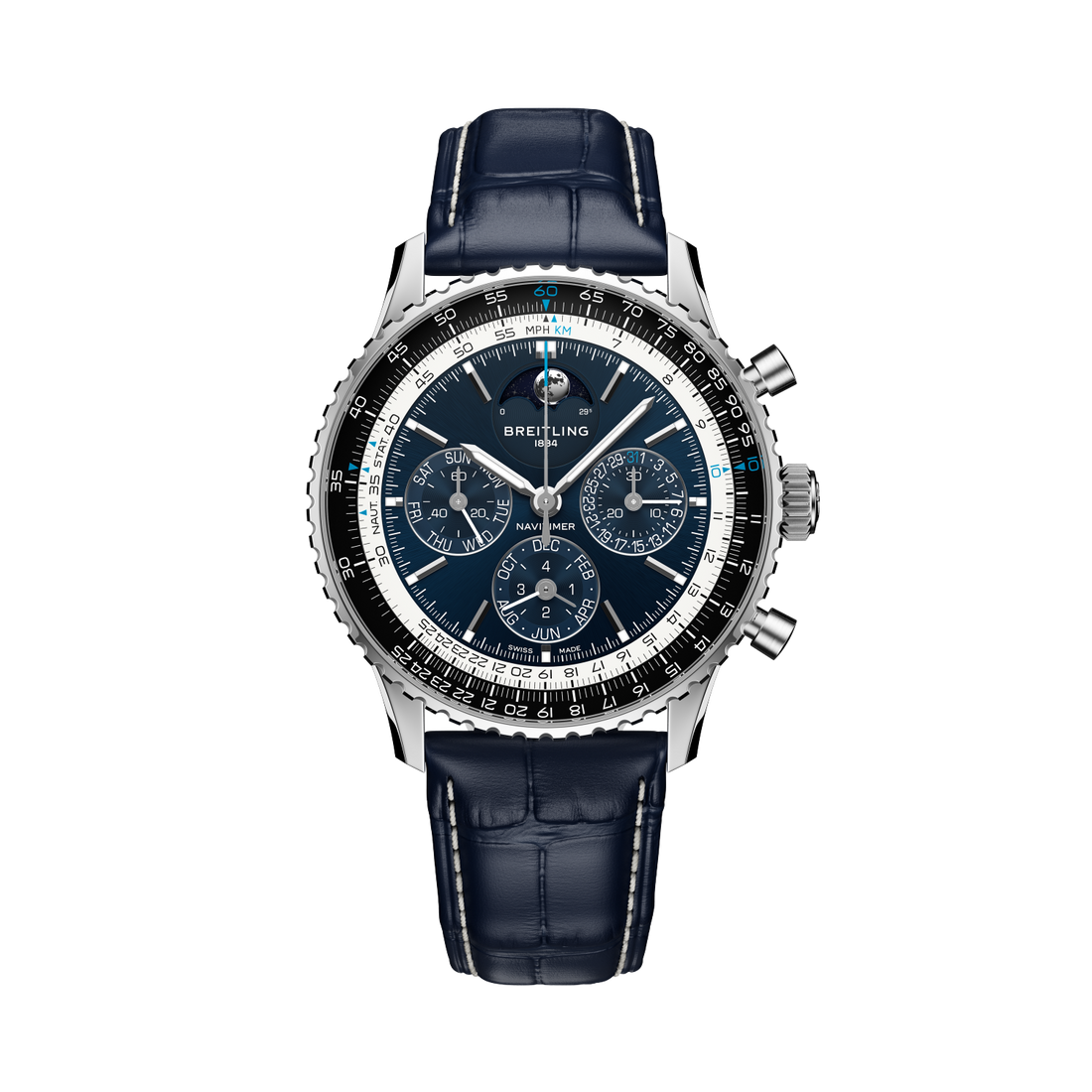 Breitling Navitimer B19 Chronograph 43 Perpetual Calendar reference LB19211A1C1P1 with Blue dial, Platinum case, alligator strap, front view
