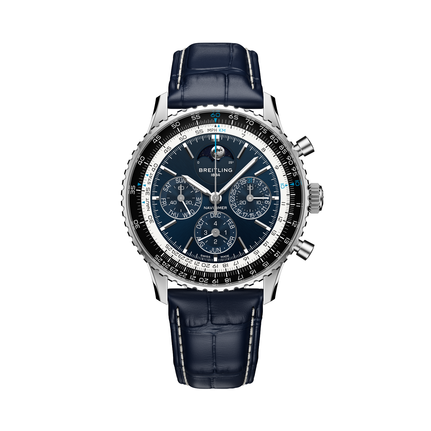 Breitling Navitimer B19 Chronograph 43 Perpetual Calendar reference LB19211A1C1P1 with Blue dial, Platinum case, alligator strap, front view
