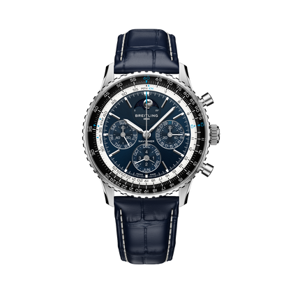 Breitling Navitimer B19 Chronograph 43 Perpetual Calendar reference LB19211A1C1P1 with Blue dial, Platinum case, alligator strap, front view