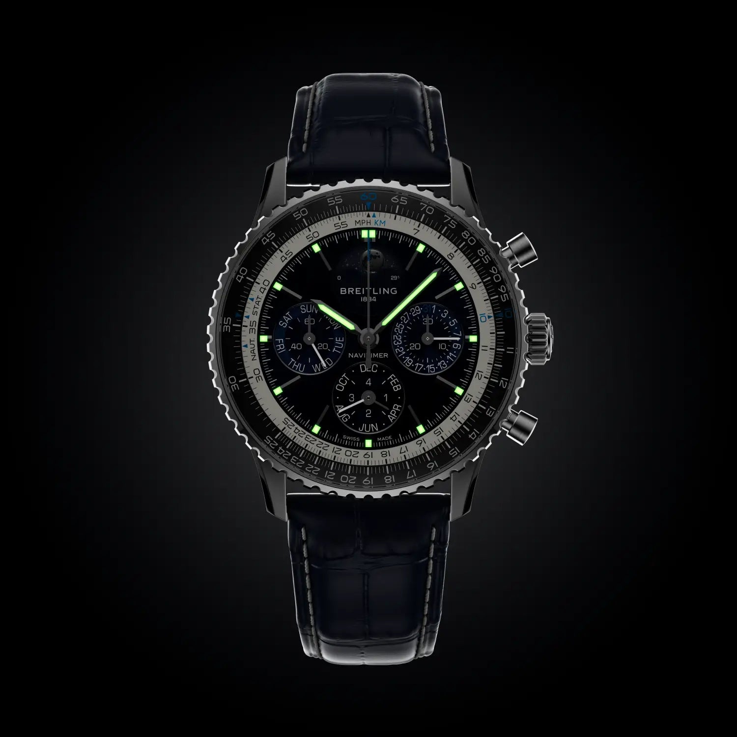 Breitling Navitimer B19 Chronograph 43 Perpetual Calendar reference LB19211A1C1P1 with Blue dial, Platinum case, alligator strap, illuminated dial view