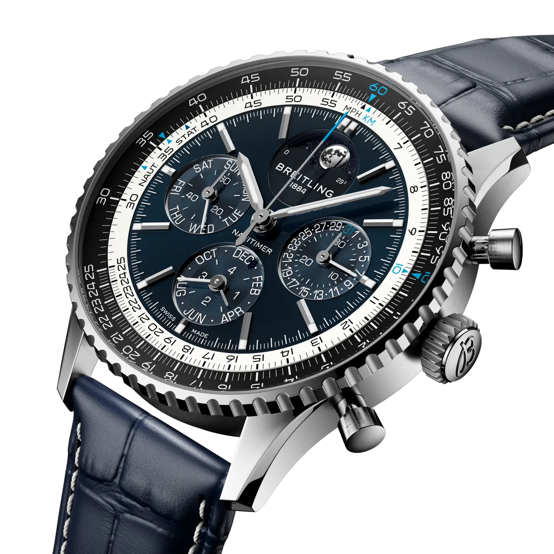 Breitling Navitimer B19 Chronograph 43 Perpetual Calendar reference LB19211A1C1P1 with Blue dial, Platinum case, alligator strap, three-quarter view