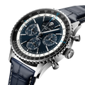 Breitling Navitimer B19 Chronograph 43 Perpetual Calendar reference LB19211A1C1P1 with Blue dial, Platinum case, alligator strap, three-quarter view