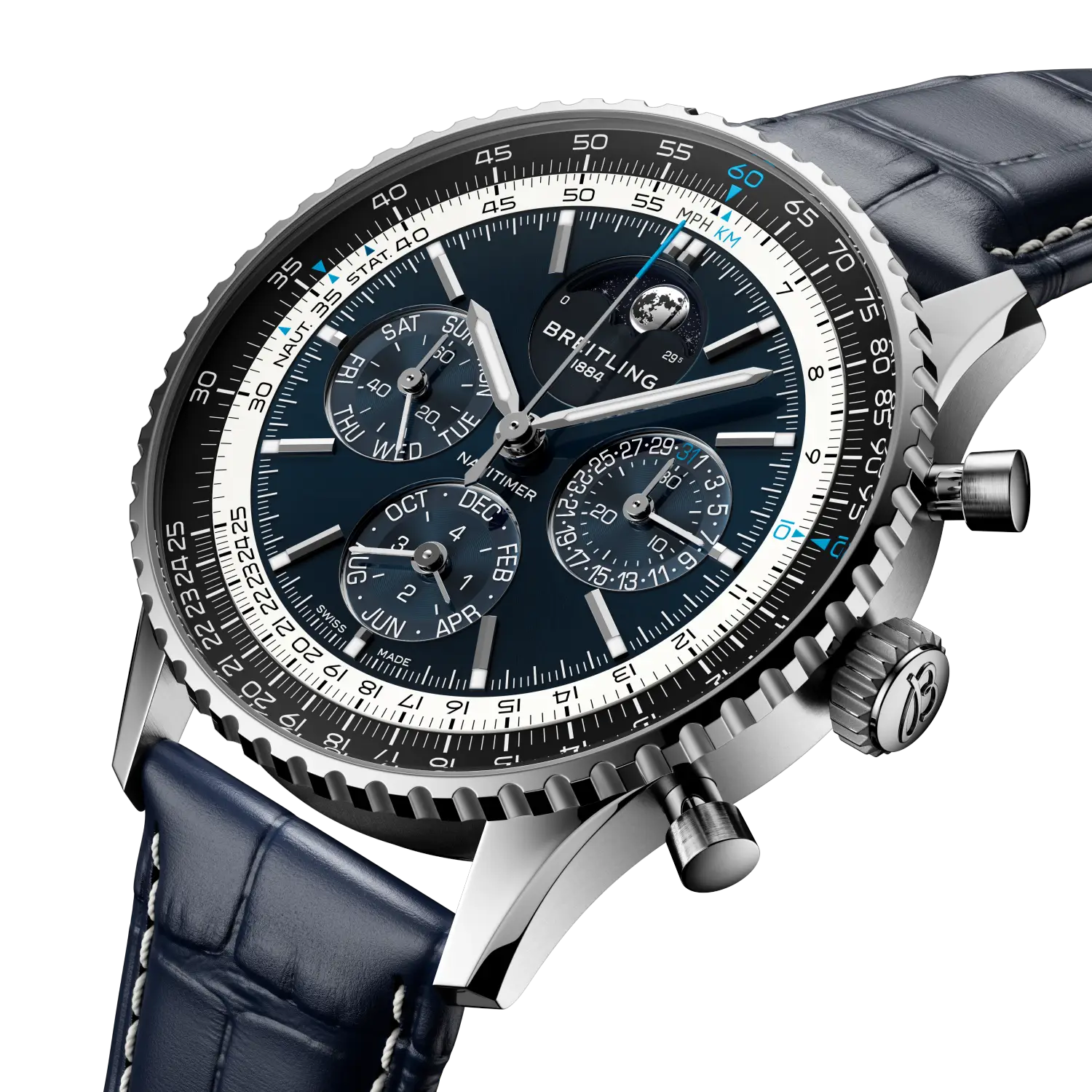 Breitling Navitimer B19 Chronograph 43 Perpetual Calendar reference LB19211A1C1P1 with Blue dial, Platinum case, alligator strap, three-quarter view