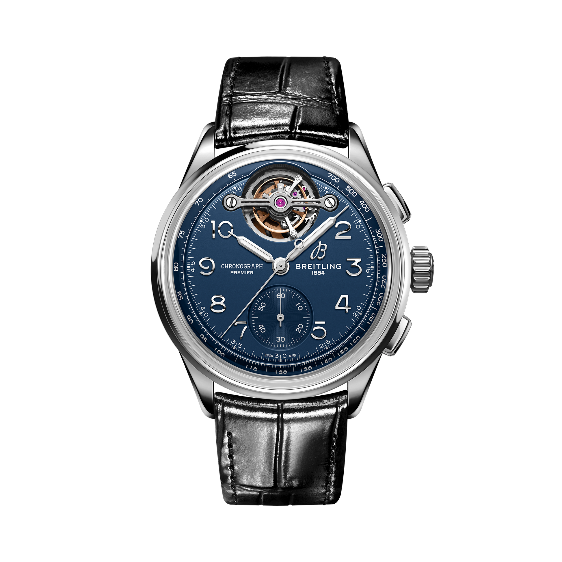 Breitling Premier B21 Chronograph Tourbillon 42 Willy Breitling reference LB2120171C1P1 with Blue dial, Platinum case, alligator strap, front view