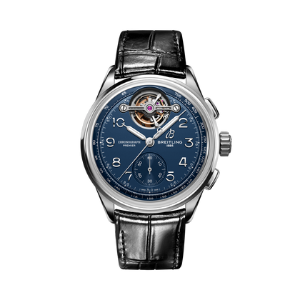 Breitling Premier B21 Chronograph Tourbillon 42 Willy Breitling reference LB2120171C1P1 with Blue dial, Platinum case, alligator strap, front view