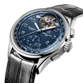 Breitling Premier B21 Chronograph Tourbillon 42 Willy Breitling reference LB2120171C1P1 with Blue dial, Platinum case, alligator strap, three-quarter view