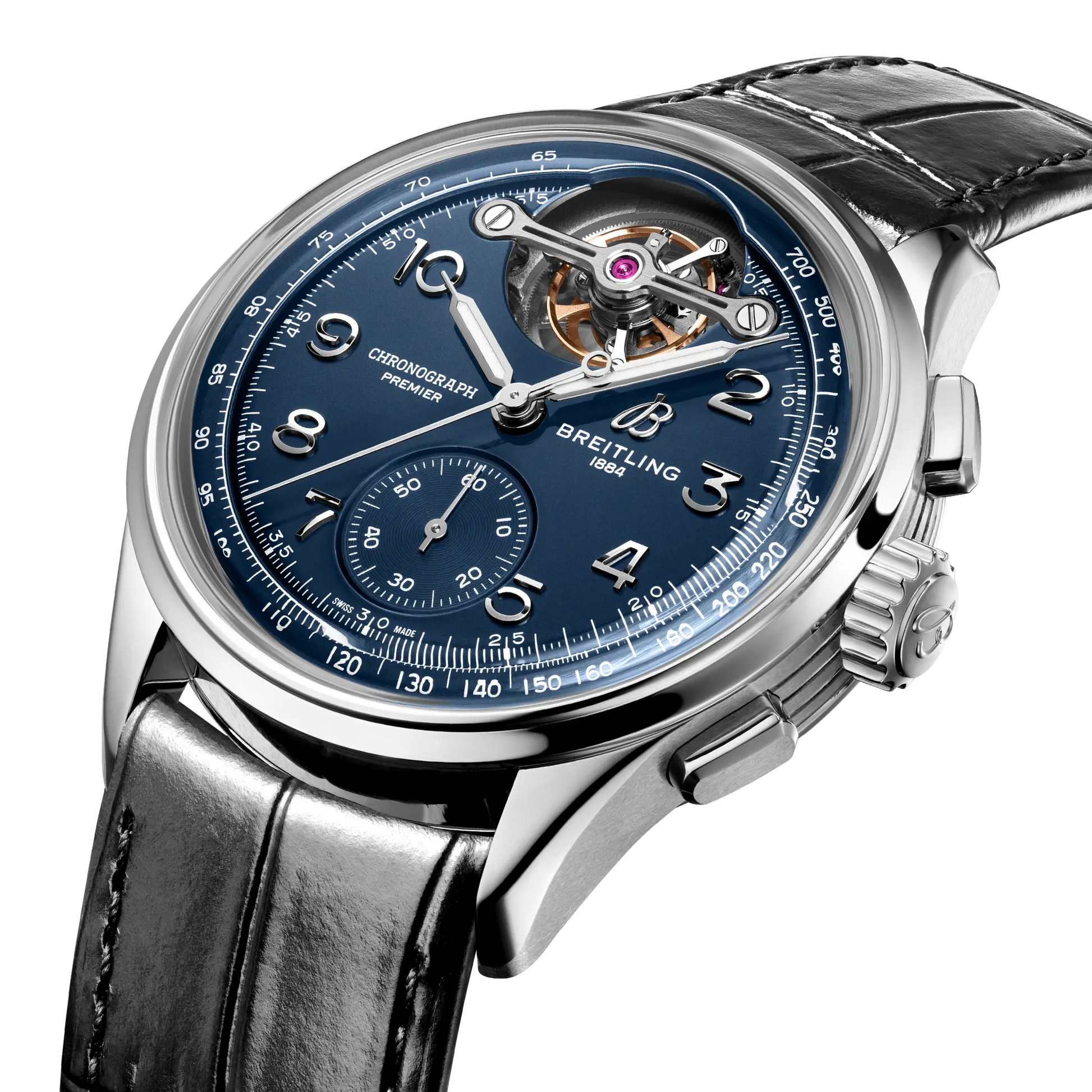 Breitling Premier B21 Chronograph Tourbillon 42 Willy Breitling reference LB2120171C1P1 with Blue dial, Platinum case, alligator strap, three-quarter view