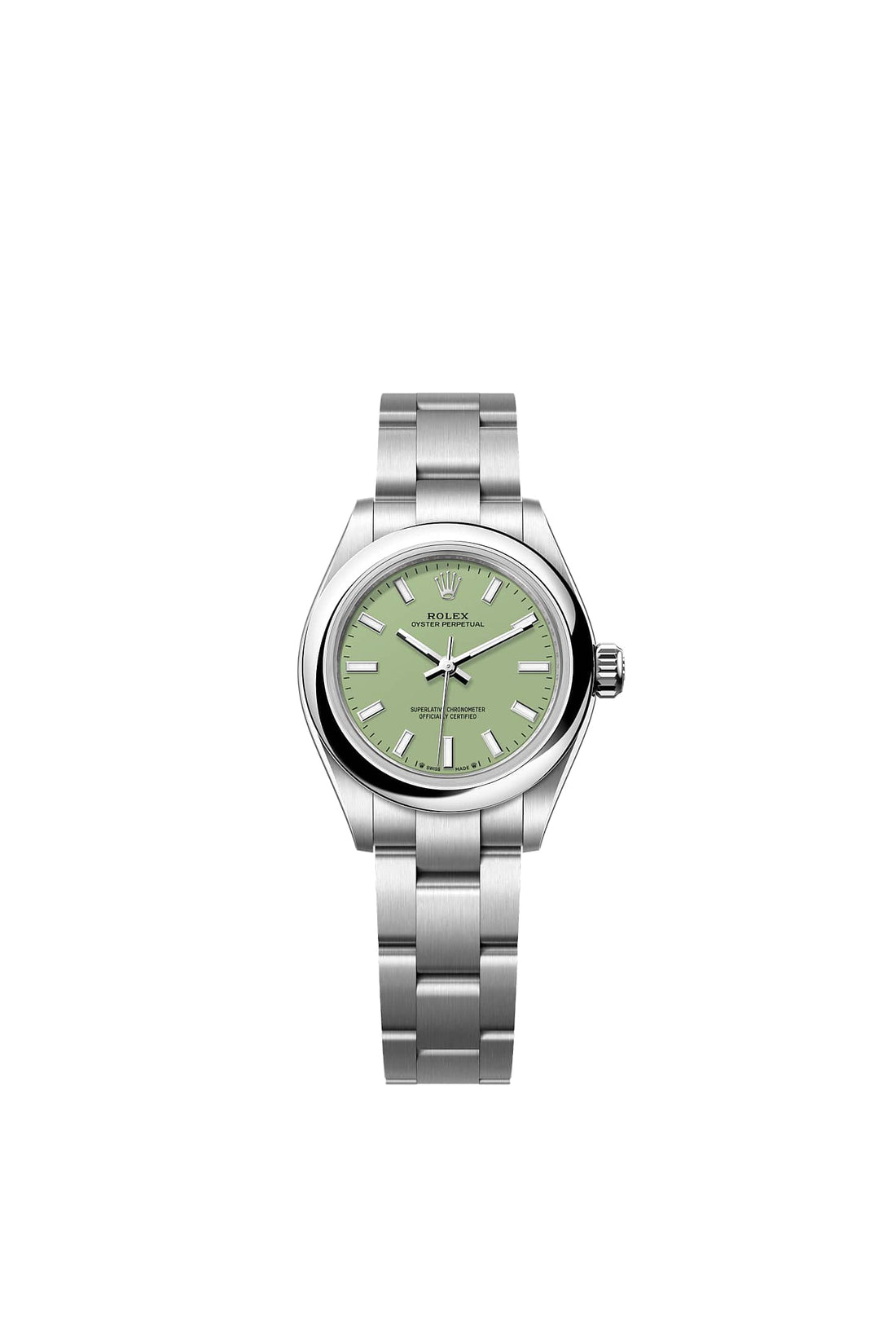 Rolex Oyster Perpetual 28 reference 276200 with pistachio dial and Oystersteel Oyster bracelet, official front view