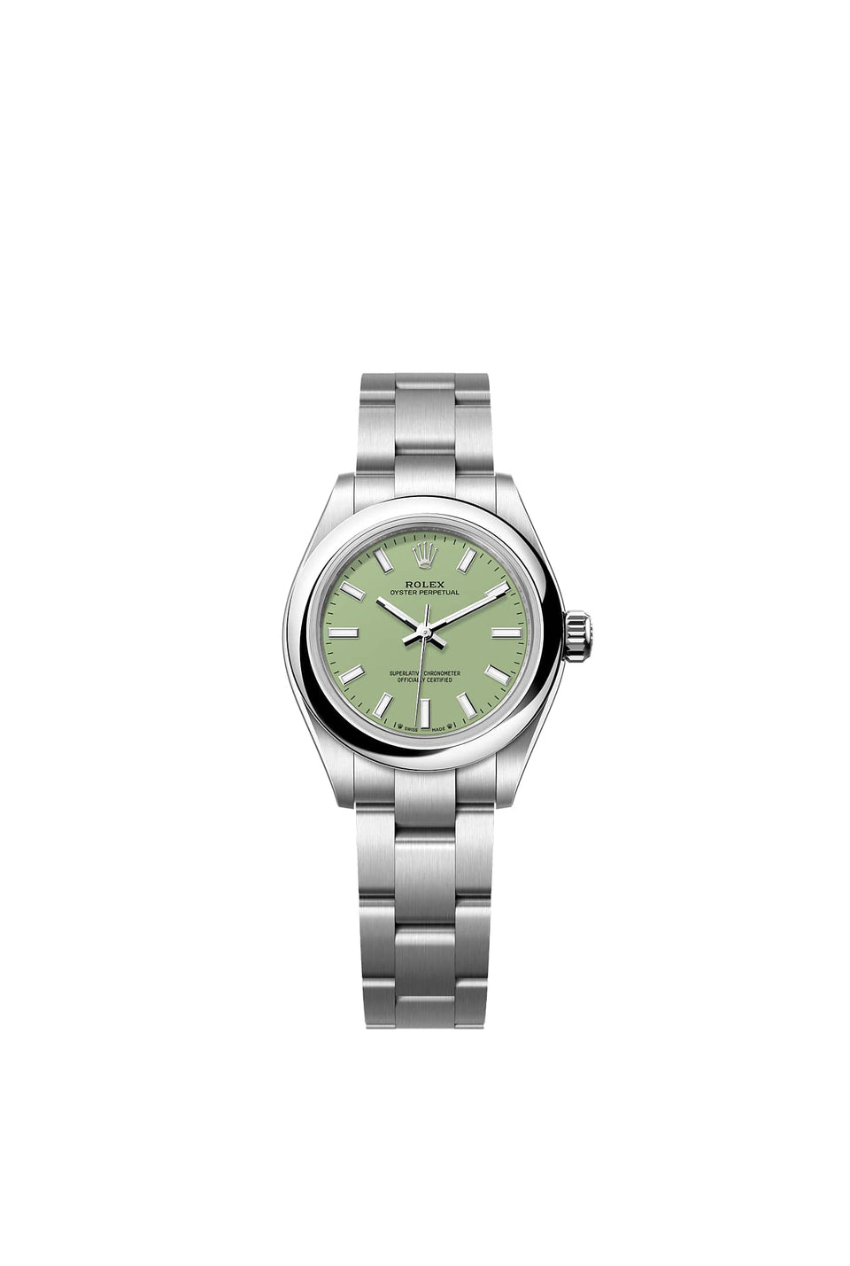 Rolex Oyster Perpetual 28 reference 276200 with pistachio dial and Oystersteel Oyster bracelet, official front view