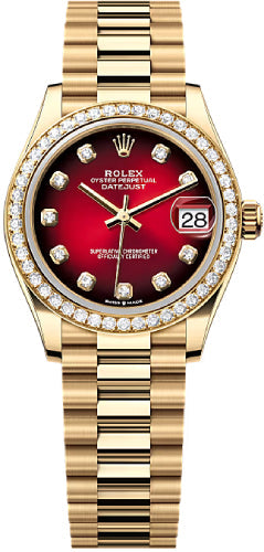 Rolex Datejust 31 Yellow Gold Red Ombré Diamond Set Dial Diamond Set Bezel President Bracelet 278288RBR, straight-on studio product view