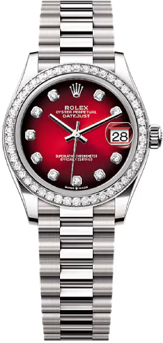 Rolex Datejust 31 White Gold Red Ombré Diamond Set Dial Diamond Set Bezel President Bracelet 278289RBR, straight-on studio product view
