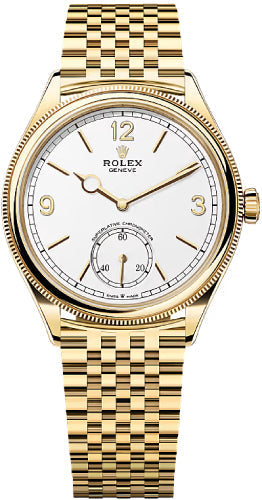 Rolex ref. 52508 in yellow gold with white dial and Settimo bracelet, official straight-on full-watch view