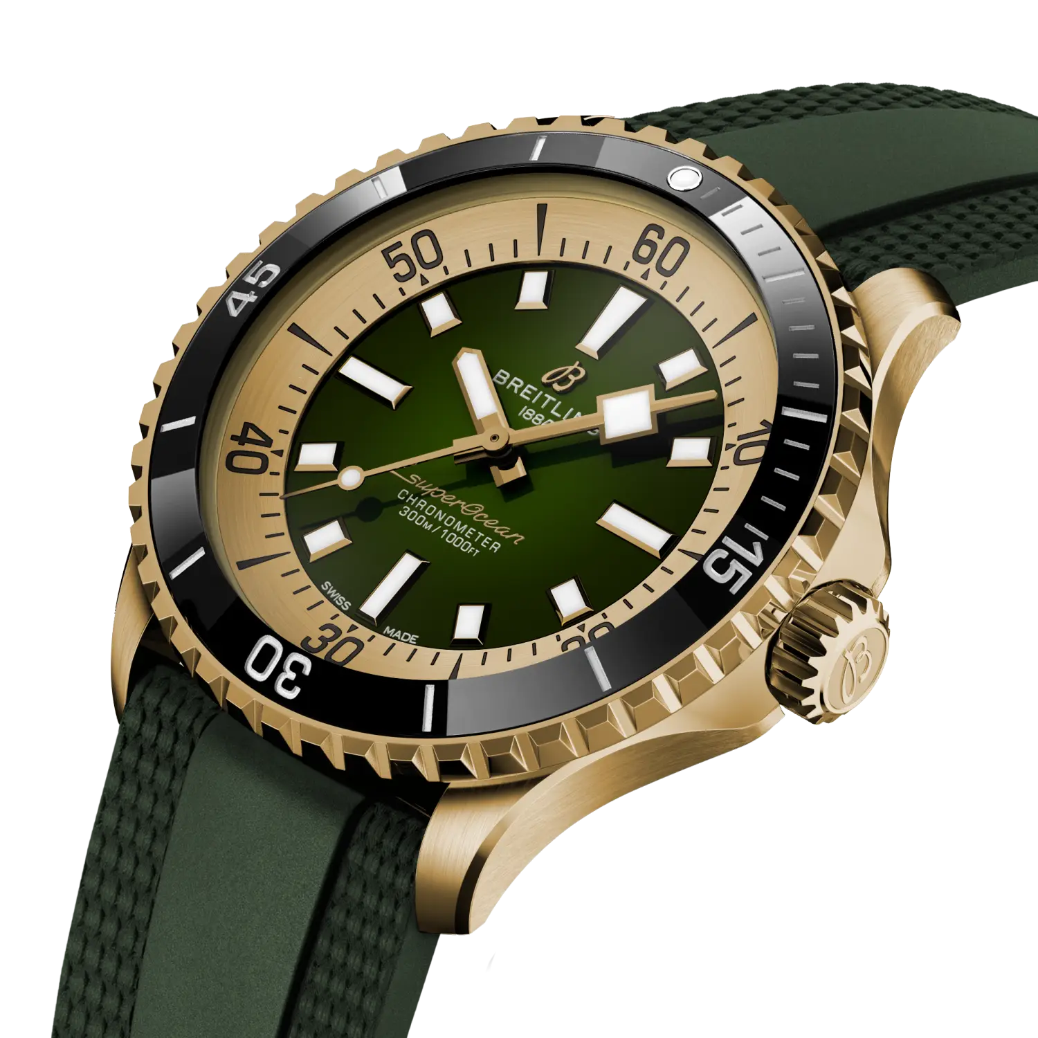 Breitling Superocean Automatic 42 reference N17375201L1S1 with Green dial, Bronze case, rubber strap, three-quarter view