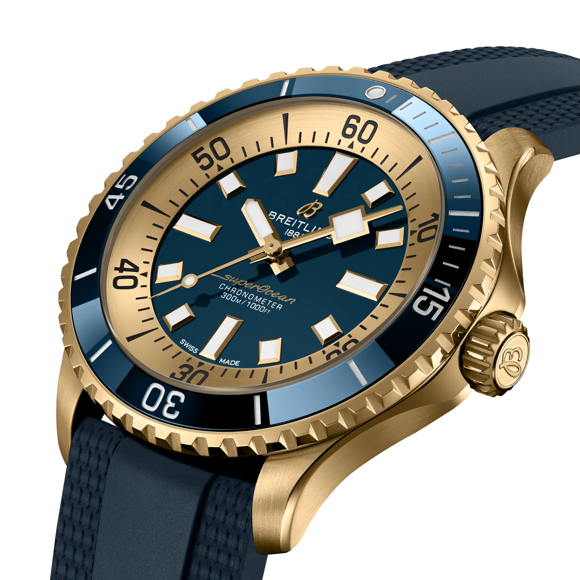 Breitling Superocean Automatic 44 reference N173761A1C1S1 with Blue dial, Bronze case, rubber strap, three-quarter view