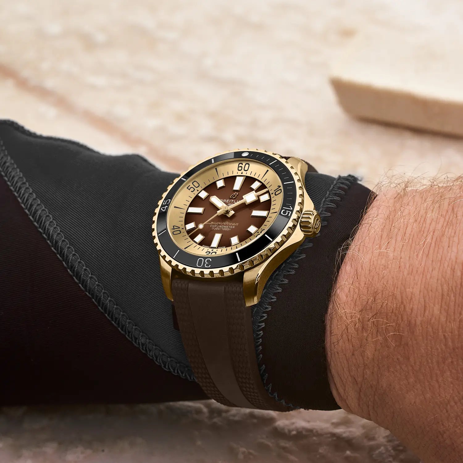 Breitling Superocean Automatic 44 reference N17376201Q1S1 with Brown dial, Bronze case, rubber strap, on-wrist view