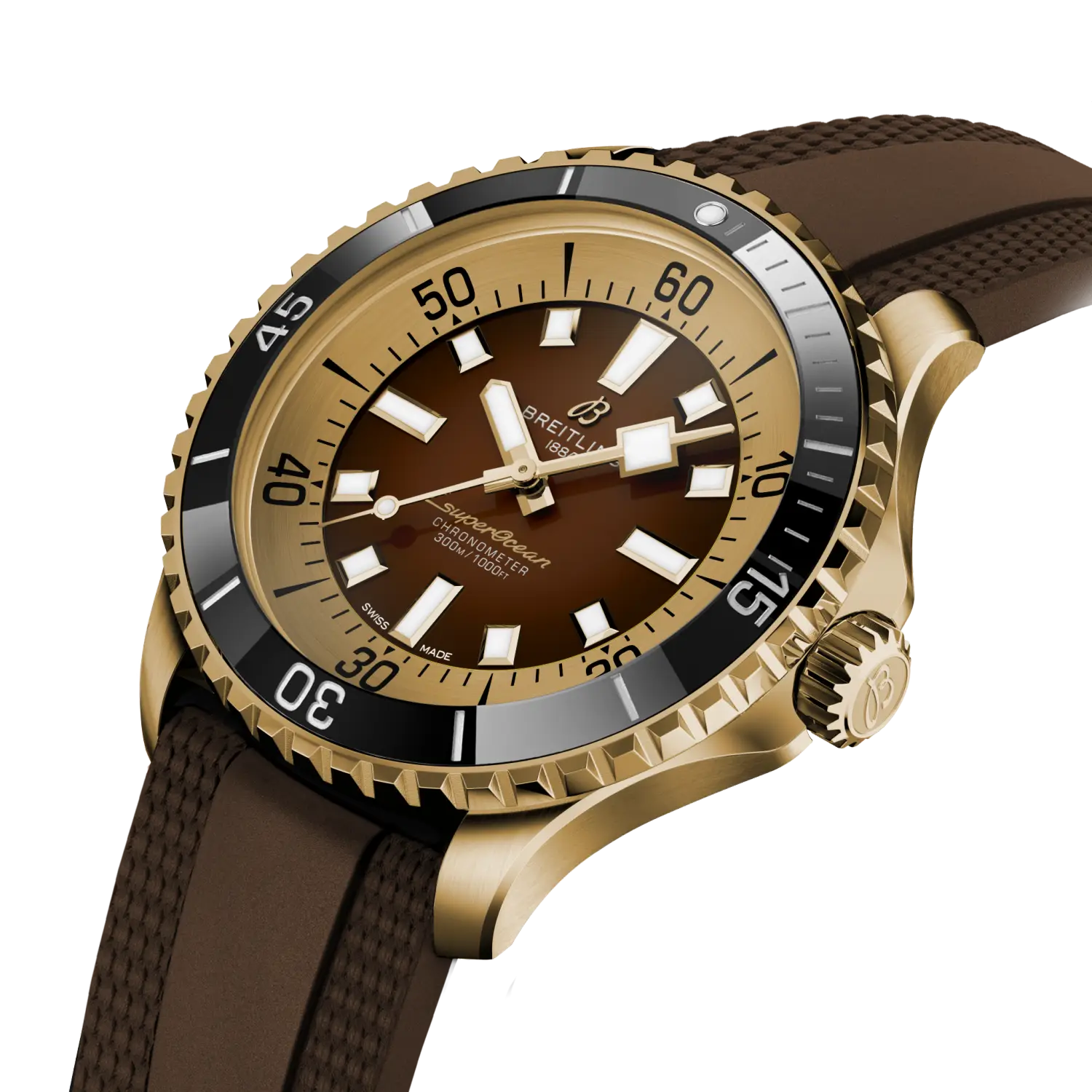 Breitling Superocean Automatic 44 reference N17376201Q1S1 with Brown dial, Bronze case, rubber strap, three-quarter view