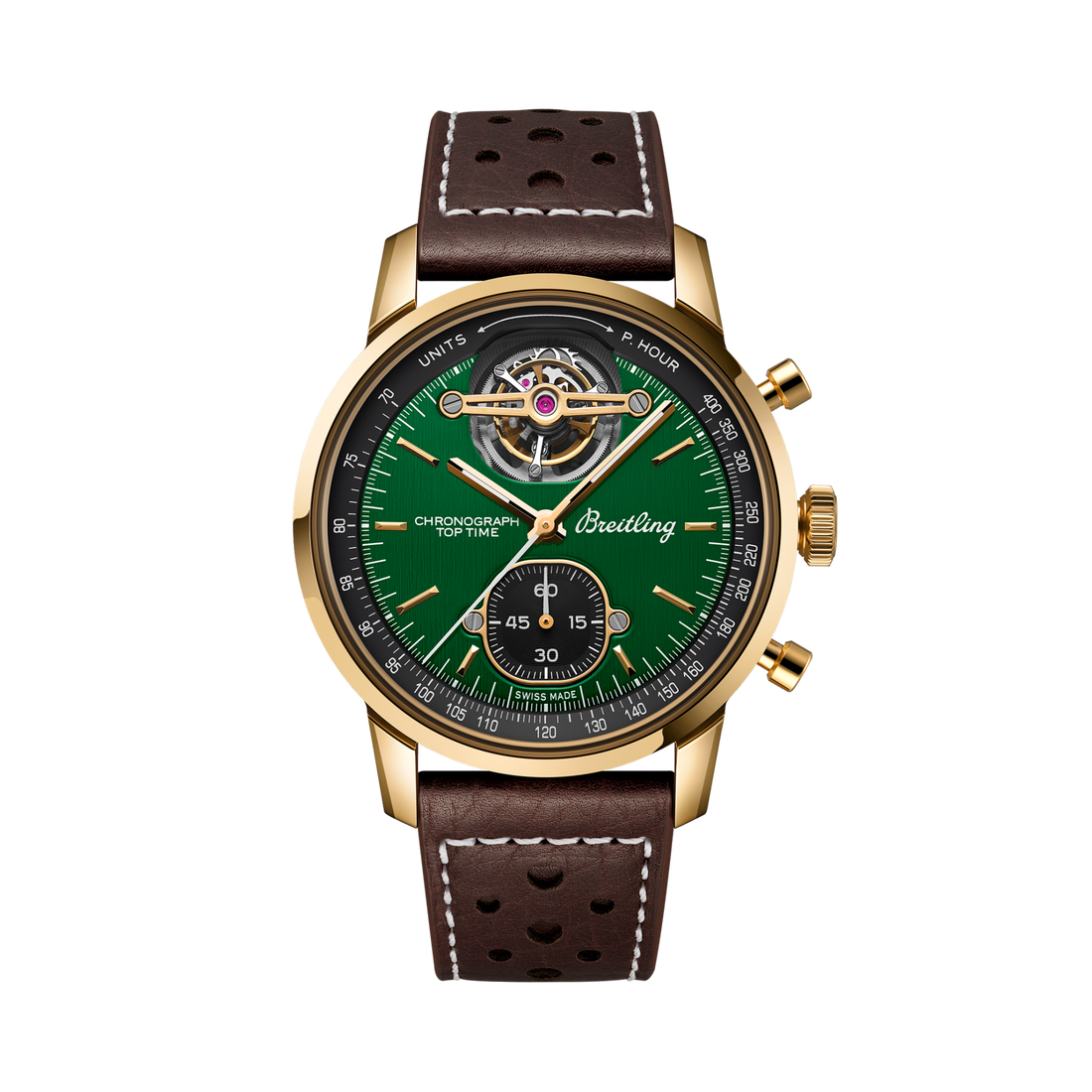 Breitling Top Time B21 Ford Mustang reference NB21251A1L1X1 with Green dial, Bronze case, calfskin strap, front view