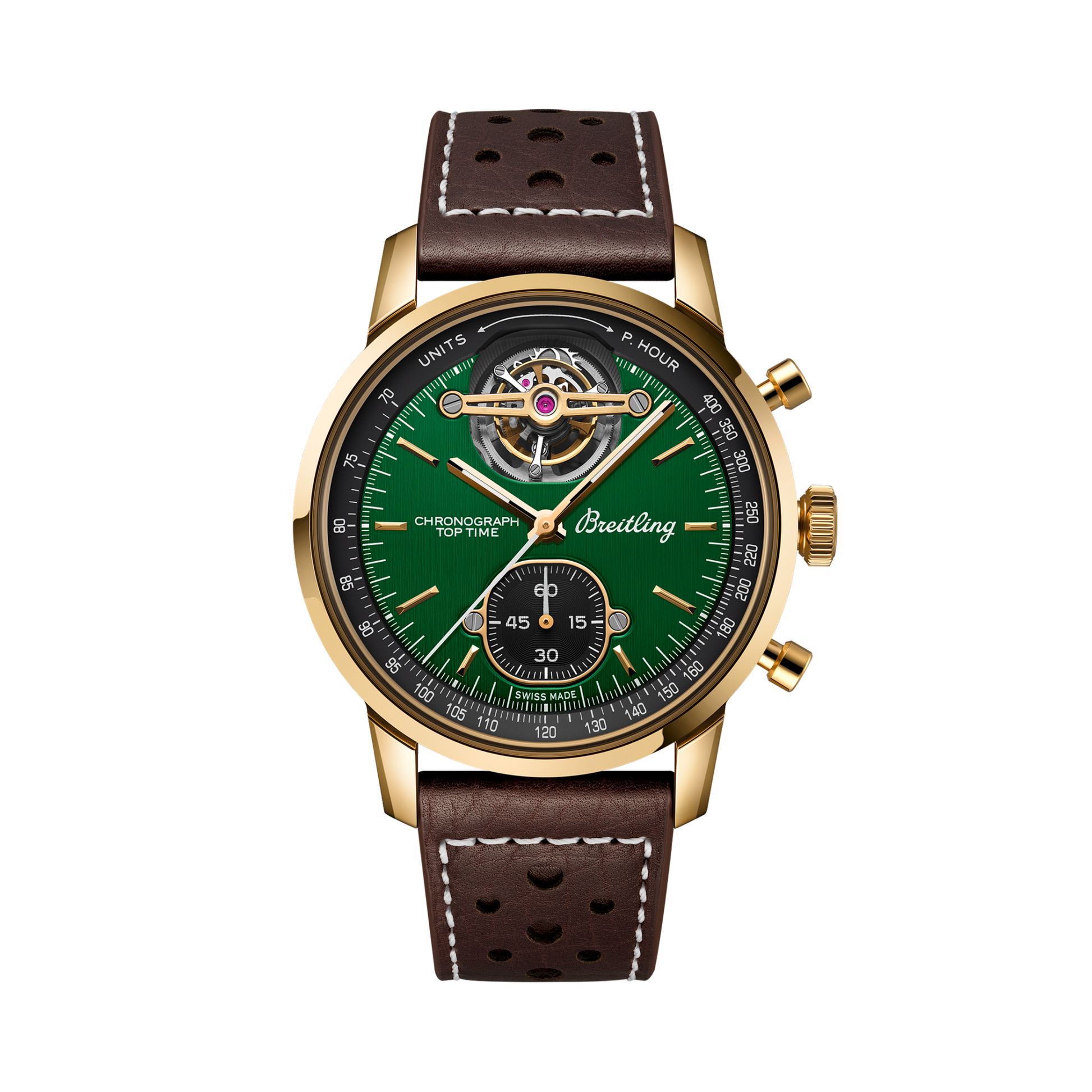 Breitling Top Time B21 Ford Mustang reference NB21251A1L1X1 with Green dial, Bronze case, calfskin strap, front view