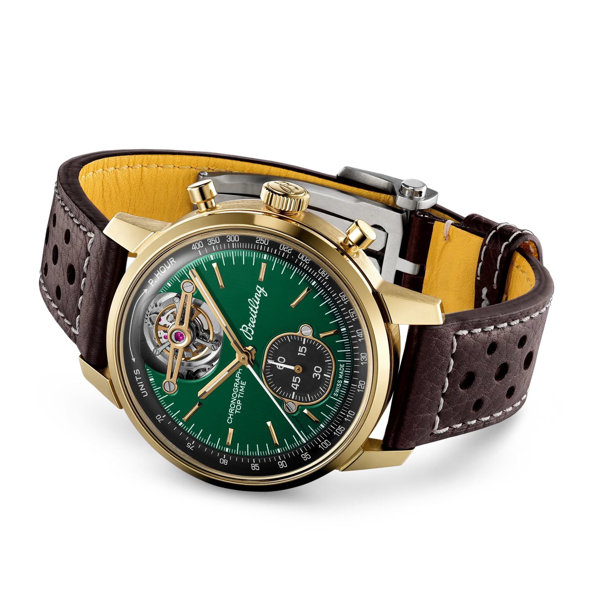 Breitling Top Time B21 Ford Mustang reference NB21251A1L1X1 with Green dial, Bronze case, calfskin strap, bracelet or strap configuration view