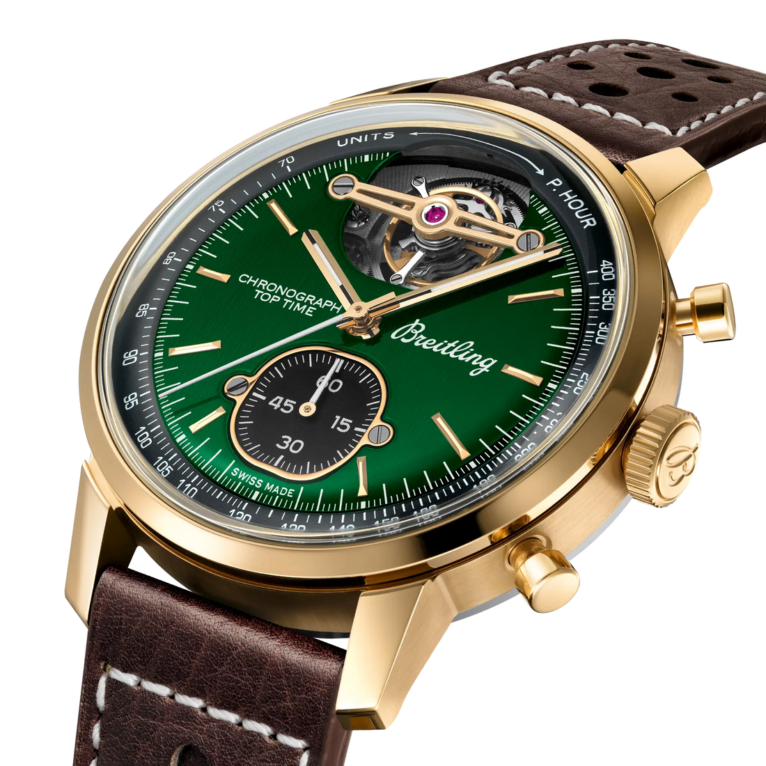 Breitling Top Time B21 Ford Mustang reference NB21251A1L1X1 with Green dial, Bronze case, calfskin strap, three-quarter view