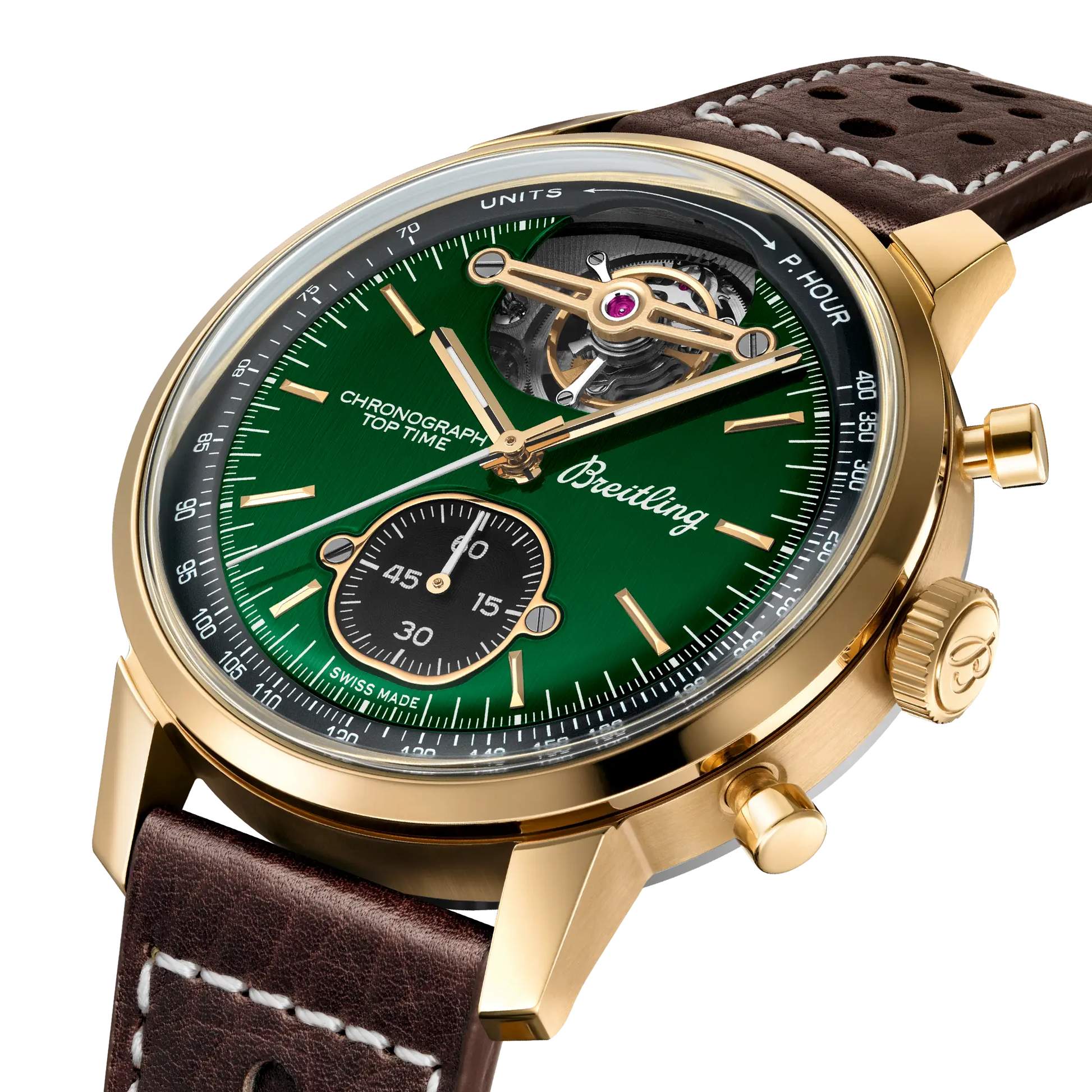 Breitling Top Time B21 Ford Mustang reference NB21251A1L1X1 with Green dial, Bronze case, calfskin strap, three-quarter view