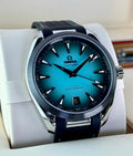 Omega Aqua Terra 41mm 220.32.41.21.03.001, angled view of turquoise gradient dial and black rubber strap