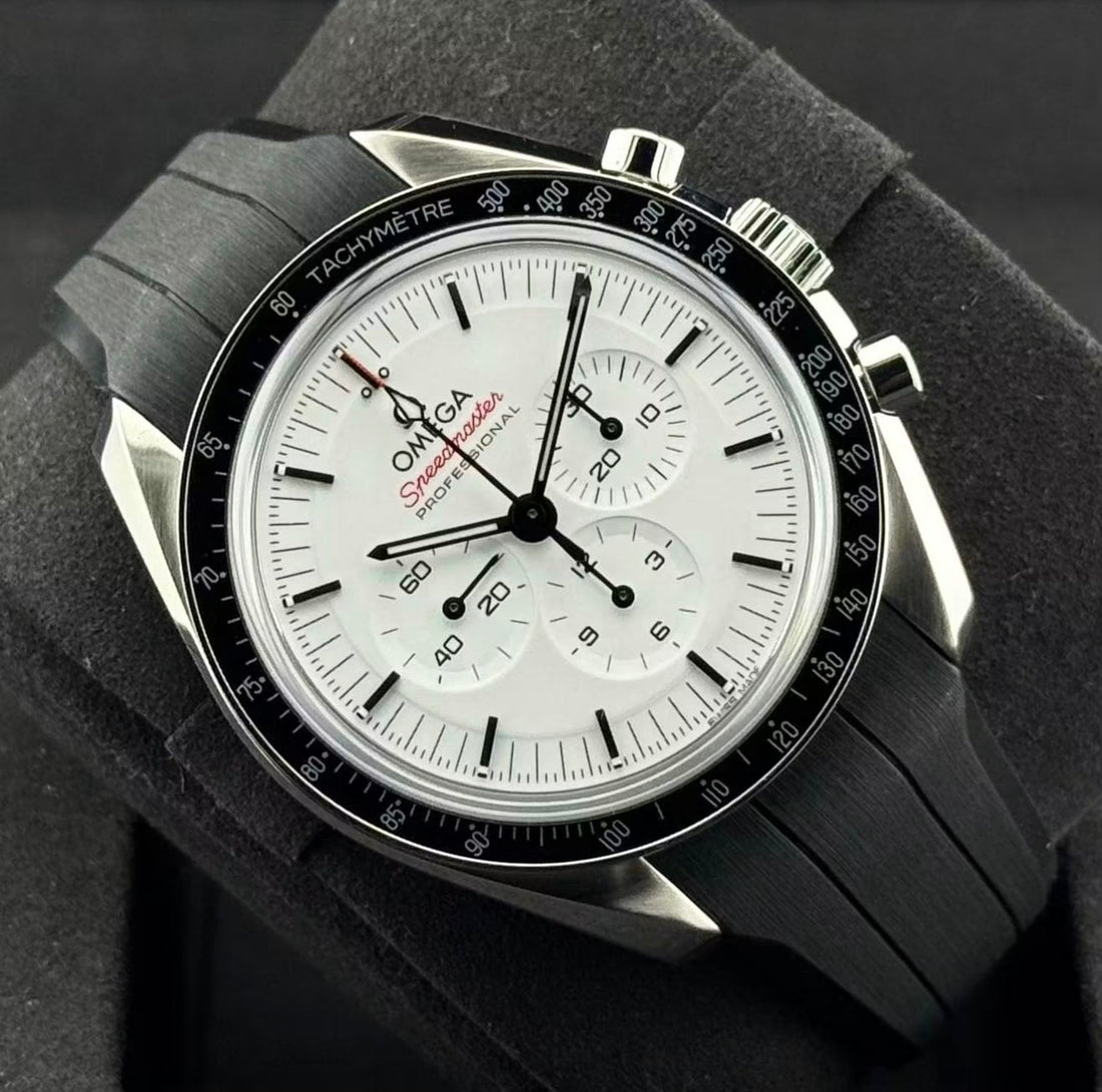 Omega Speedmaster Moonwatch Professional white dial 310.32.42.50.04.001 on black perforated leather strap, front view