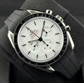 Omega Speedmaster Moonwatch Professional white dial 310.32.42.50.04.001 on black perforated leather strap, front view