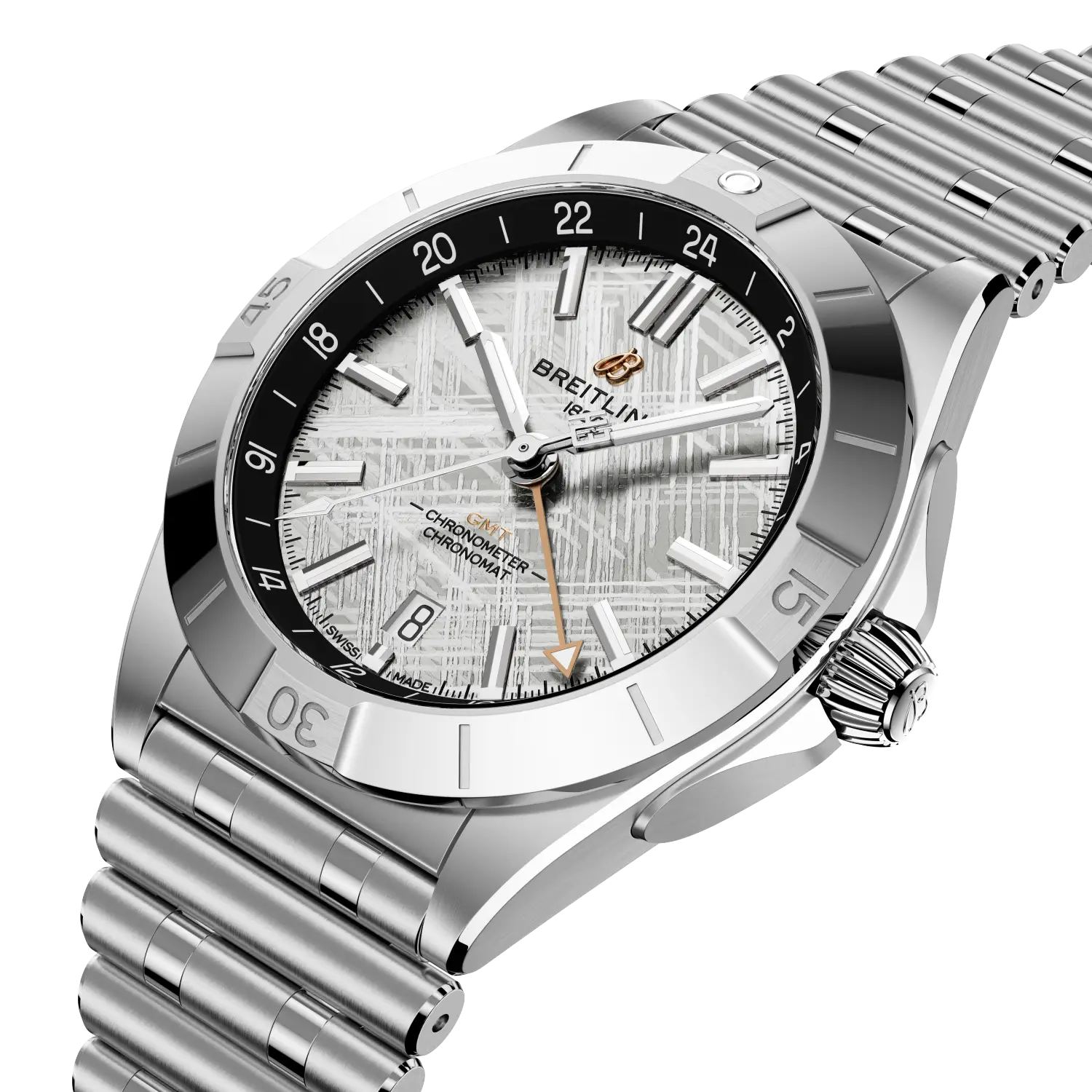 Breitling Chronomat Automatic GMT 40 Erling Haaland reference P323982A1F1A1 with Meteorite dial, Stainless steel & platinum case, bracelet, three-quarter view