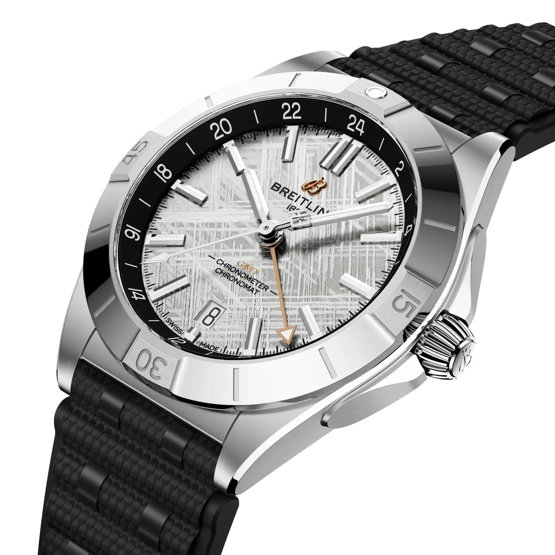Breitling Chronomat Automatic GMT 40 Erling Haaland reference P323982A1F1S1 with Meteorite dial, Stainless steel & platinum case, rubber strap, front view