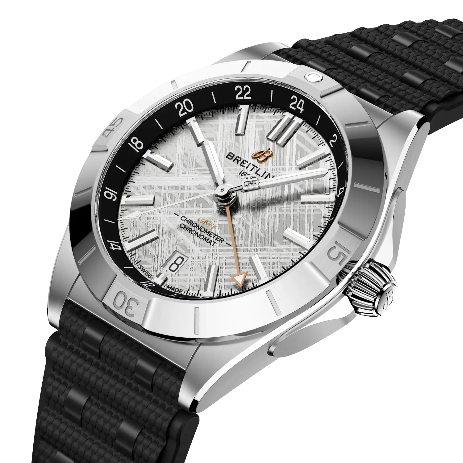 Breitling Chronomat Automatic GMT 40 Erling Haaland reference P323982A1F1S1 with Meteorite dial, Stainless steel & platinum case, rubber strap, three-quarter view