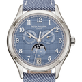 Patek Philippe Annual Calendar Moon Phases 4946G-001 with blue-gray dial and blue strap, official straight-on front view