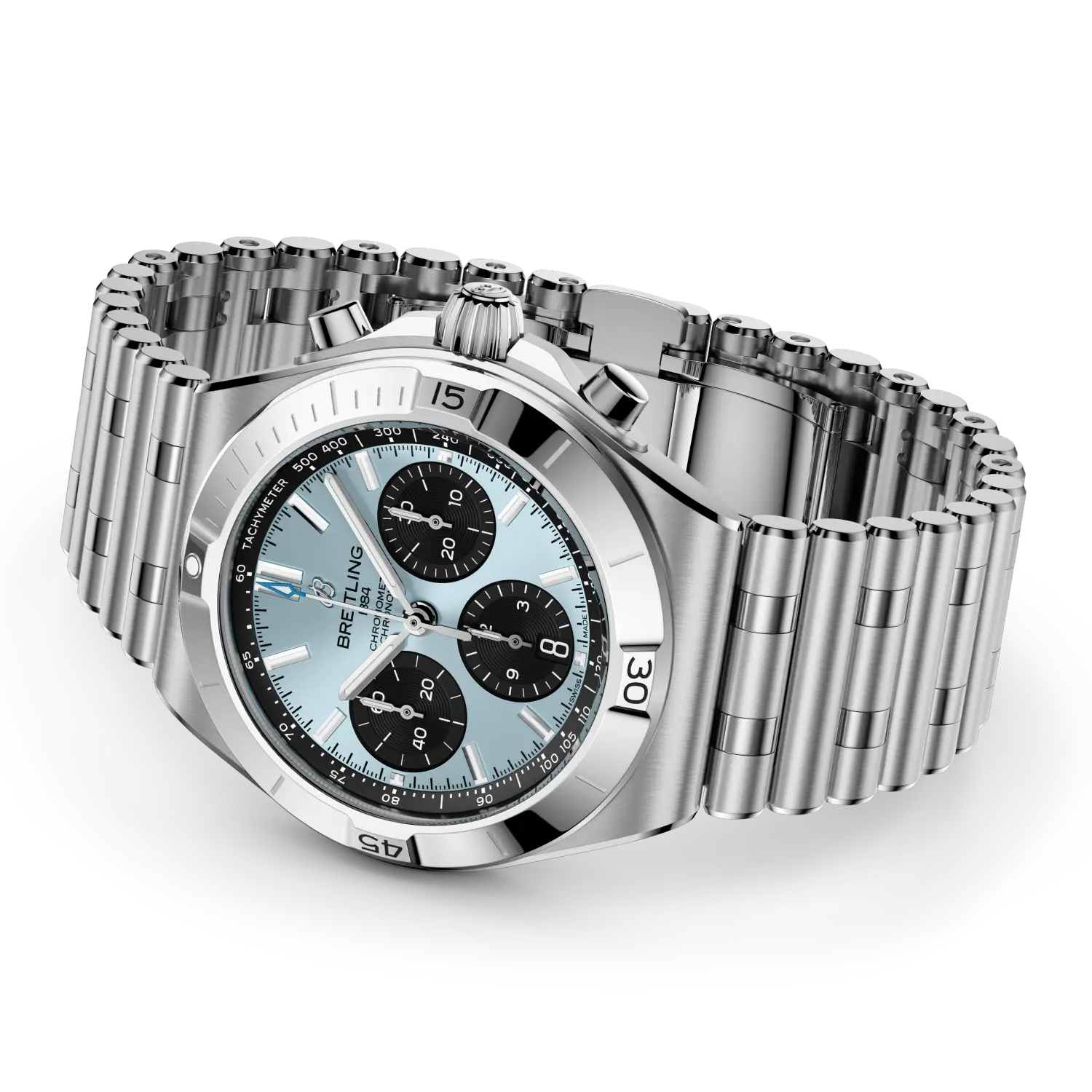 Breitling Chronomat B01 Chronograph 42 reference PB0158101C1A1 with Ice blue dial, Stainless steel & platinum case, bracelet, bracelet or strap configuration view