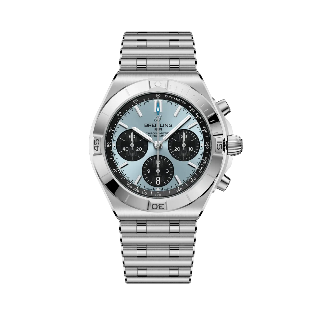 Breitling Chronomat B01 Chronograph 42 reference PB0158101C1A1 with Ice blue dial, Stainless steel & platinum case, bracelet, front view