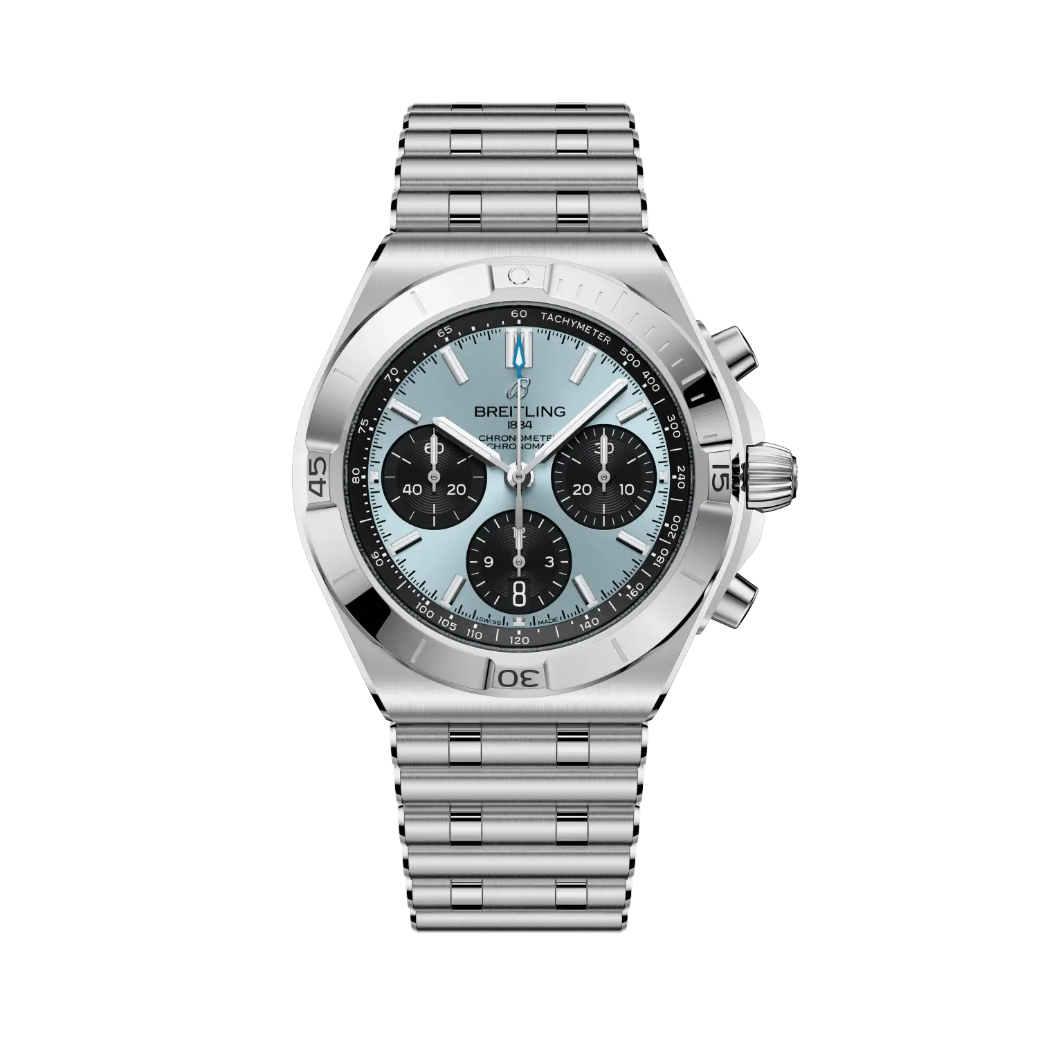 Breitling Chronomat B01 Chronograph 42 reference PB0158101C1A1 with Ice blue dial, Stainless steel & platinum case, bracelet, front view