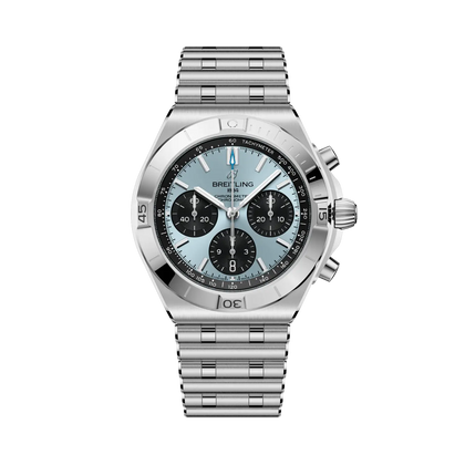 Breitling Chronomat B01 Chronograph 42 reference PB0158101C1A1 with Ice blue dial, Stainless steel & platinum case, bracelet, front view