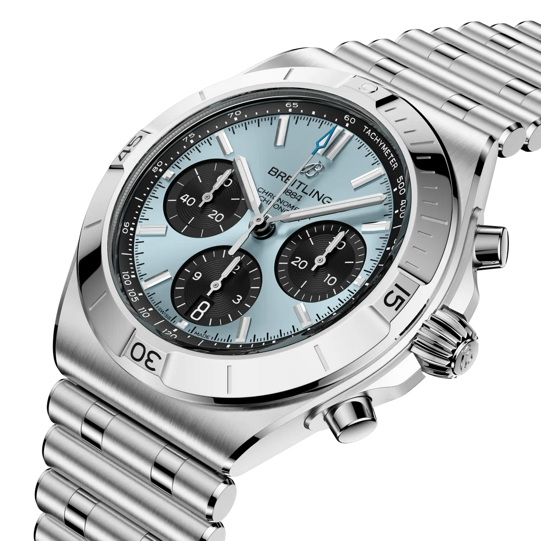 Breitling Chronomat B01 Chronograph 42 reference PB0158101C1A1 with Ice blue dial, Stainless steel & platinum case, bracelet, front view