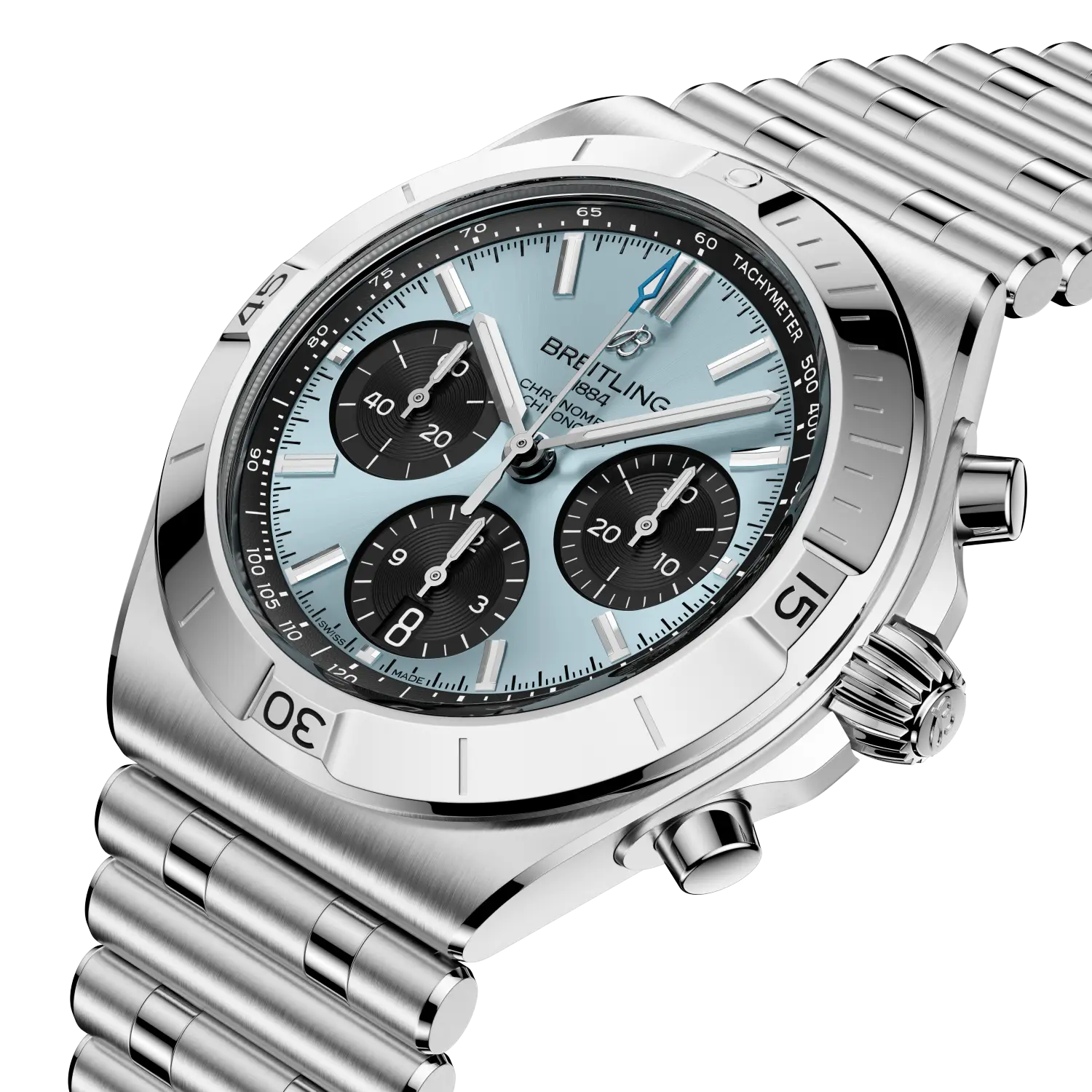 Breitling Chronomat B01 Chronograph 42 reference PB0158101C1A1 with Ice blue dial, Stainless steel & platinum case, bracelet, three-quarter view