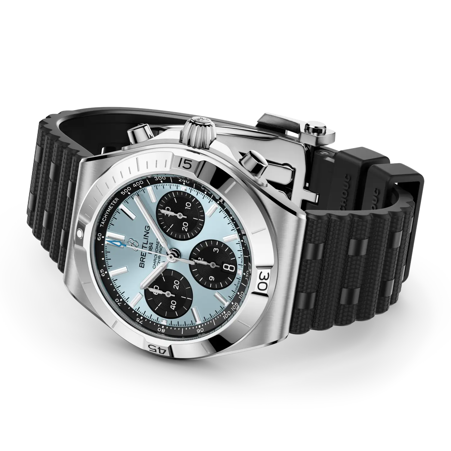 Breitling Chronomat B01 Chronograph 42 reference PB0158101C1S1 with Ice blue dial, Stainless steel & platinum case, rubber strap, bracelet or strap configuration view