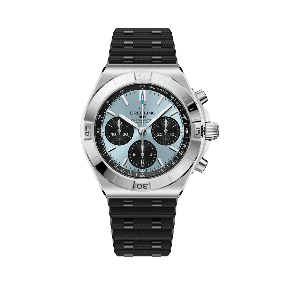 Breitling Chronomat B01 Chronograph 42 reference PB0158101C1S1 with Ice blue dial, Stainless steel & platinum case, rubber strap, front view