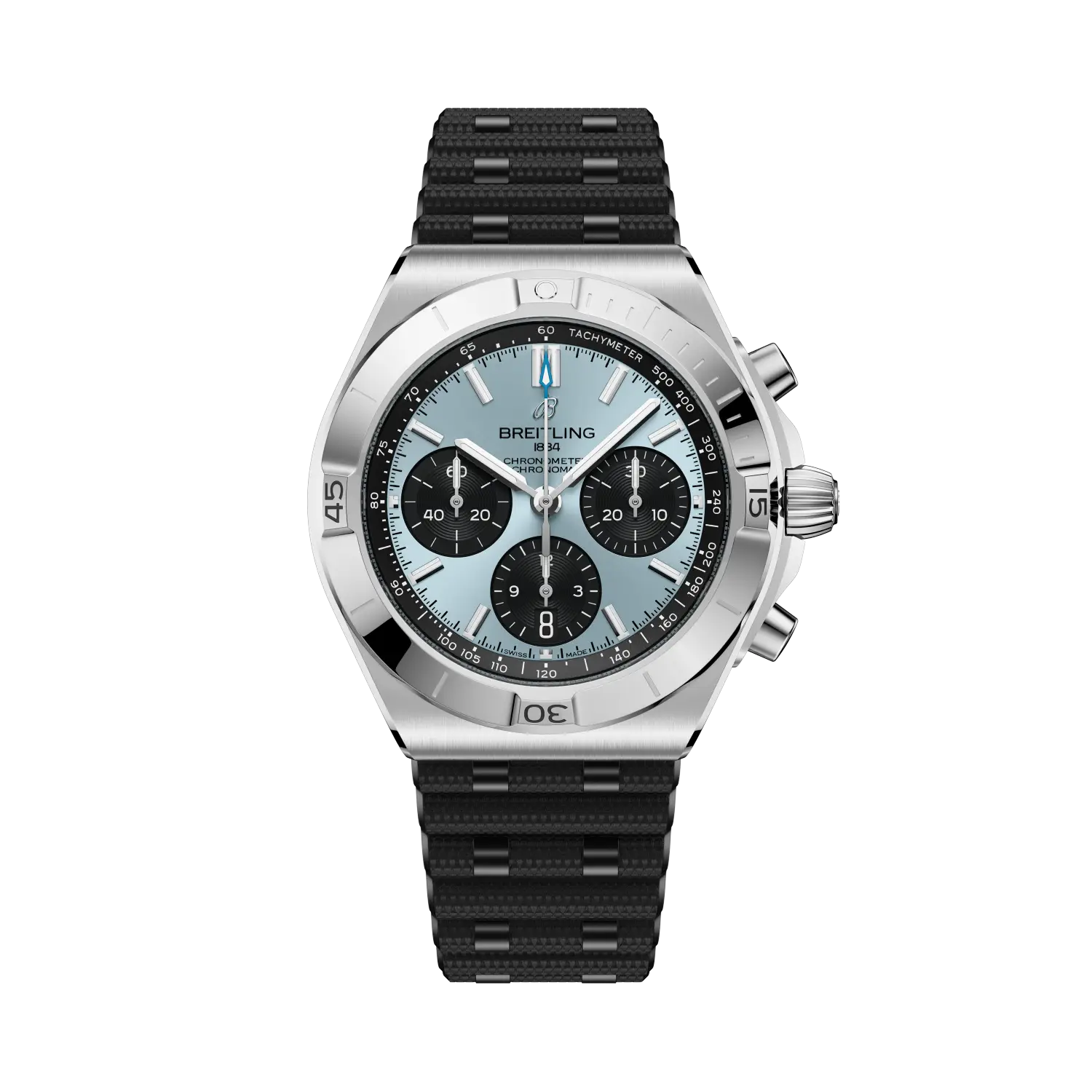 Breitling Chronomat B01 Chronograph 42 reference PB0158101C1S1 with Ice blue dial, Stainless steel & platinum case, rubber strap, front view