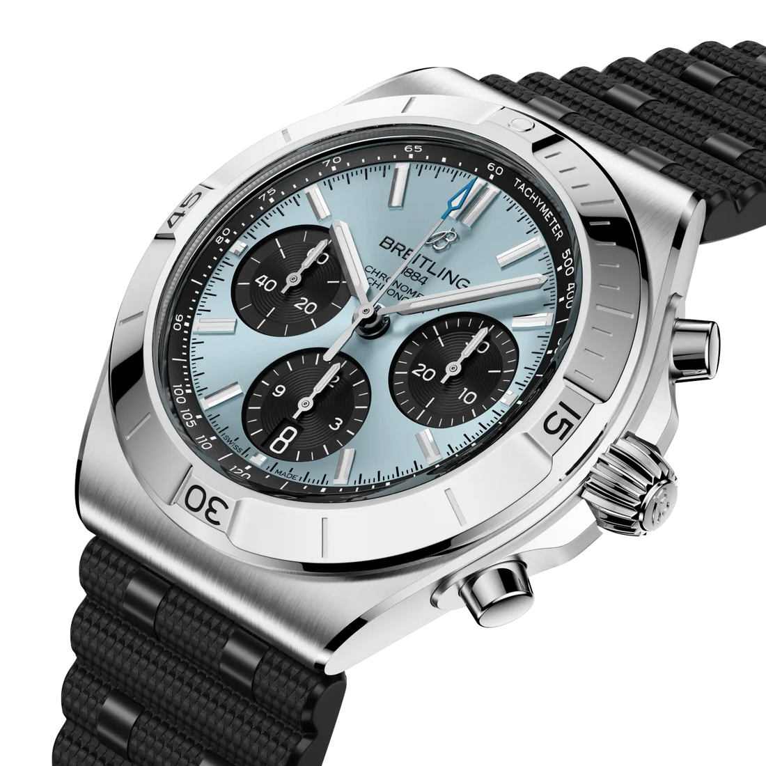 Breitling Chronomat B01 Chronograph 42 reference PB0158101C1S1 with Ice blue dial, Stainless steel & platinum case, rubber strap, front view